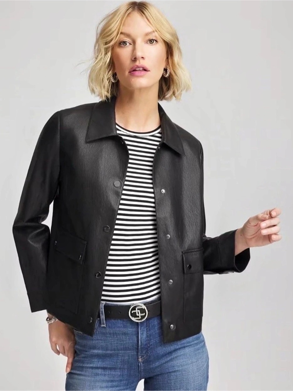 Chico’s Snap Front Faux Leather Jacket Jacket Size 2 NWT